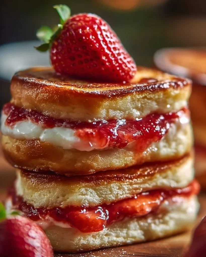 Delicious fried strawberry cheesecake sandwiches on a plate with fresh strawberries.