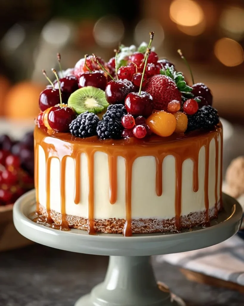 Fruit and cream cheesecake topped with fresh berries and mint leaves