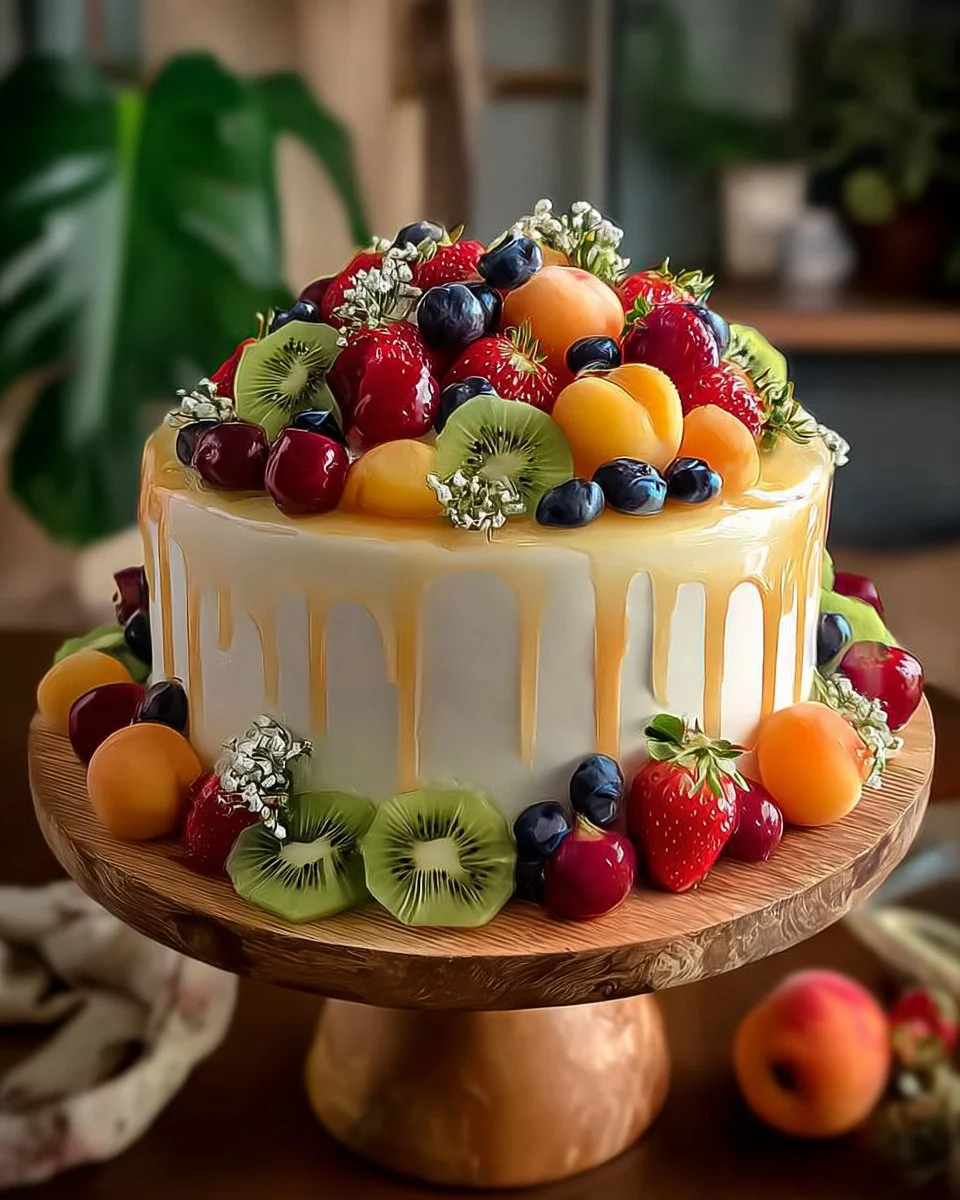 Deliciously moist Fruit Cocktail Cake topped with colorful fruit.
