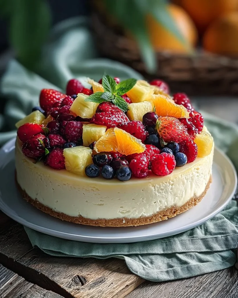 A slice of fruit salad cheesecake topped with fresh fruits and a creamy layer