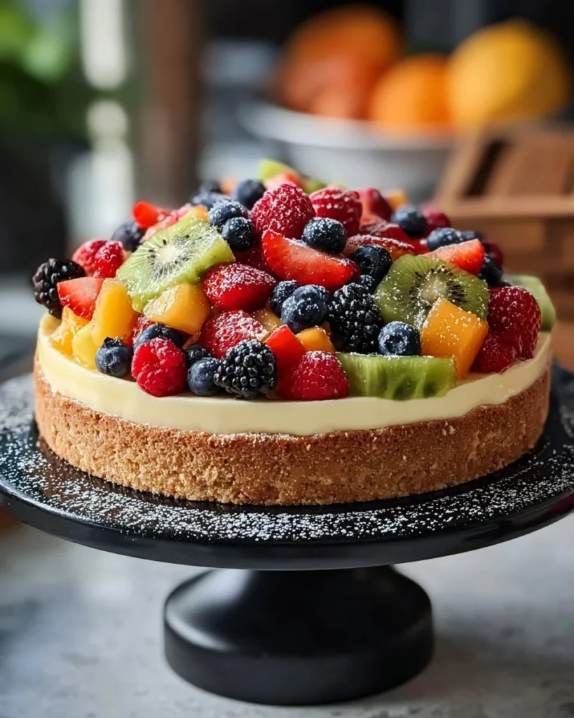 Delicious fruit salad cheesecake topped with fresh fruits and creamy filling.