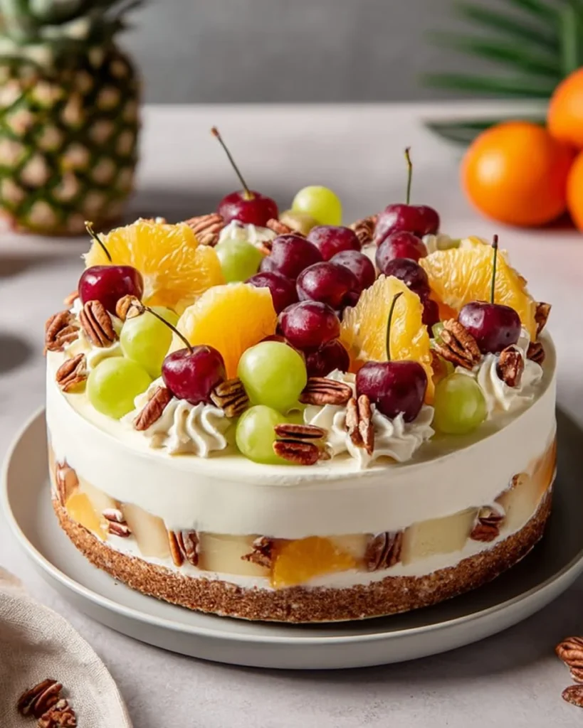 Delicious Fruit Salad Cheesecake topped with fresh fruits for a refreshing dessert