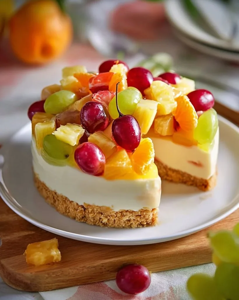 Delicious Fruit Salad Cheesecake topped with a variety of fresh fruits.