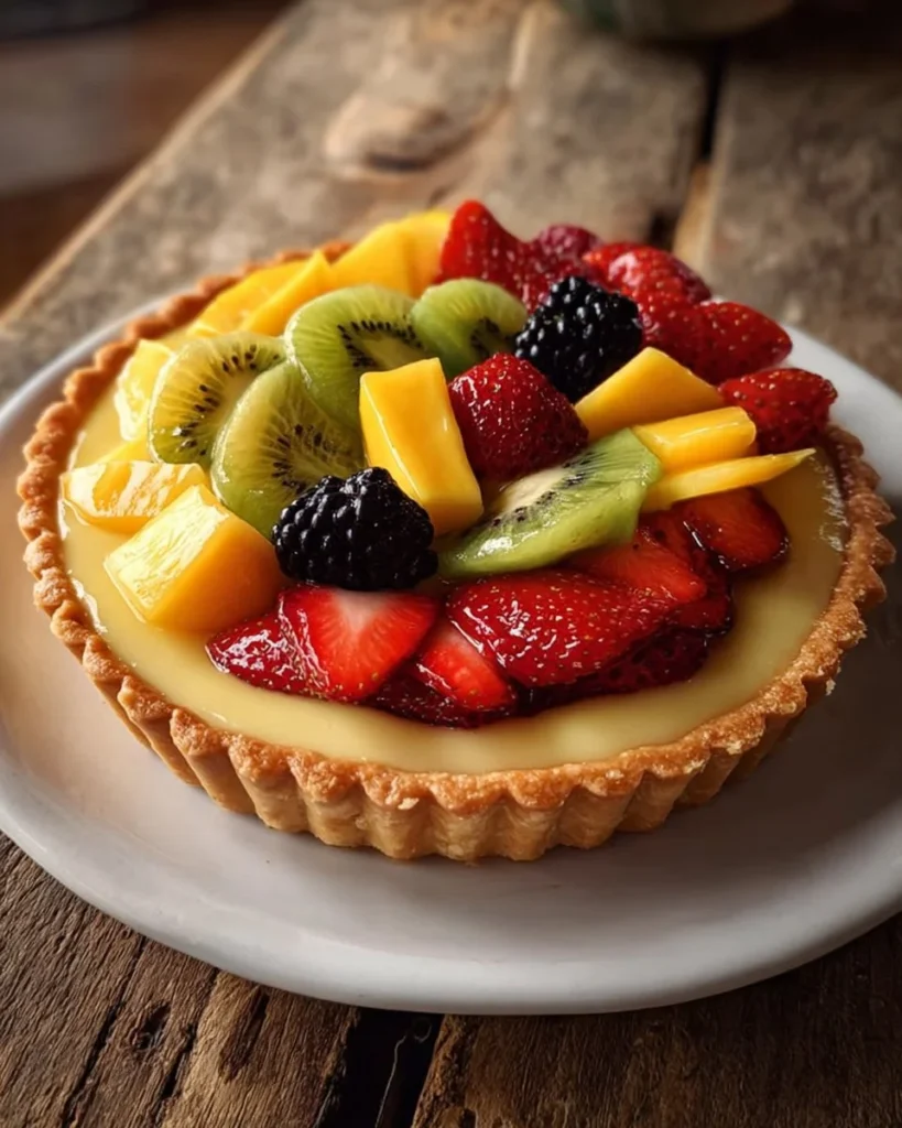 Delicious fruit tart with fresh berries and creamy filling on a golden crust
