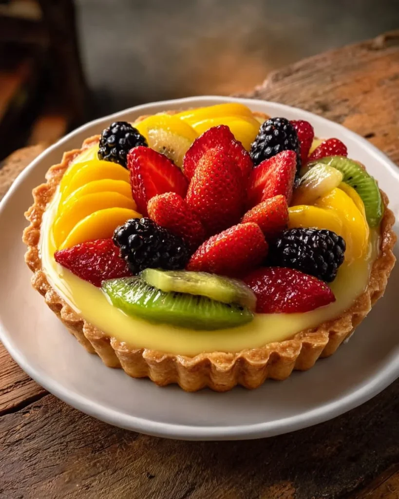 Delicious fruit tart topped with a variety of fresh fruits