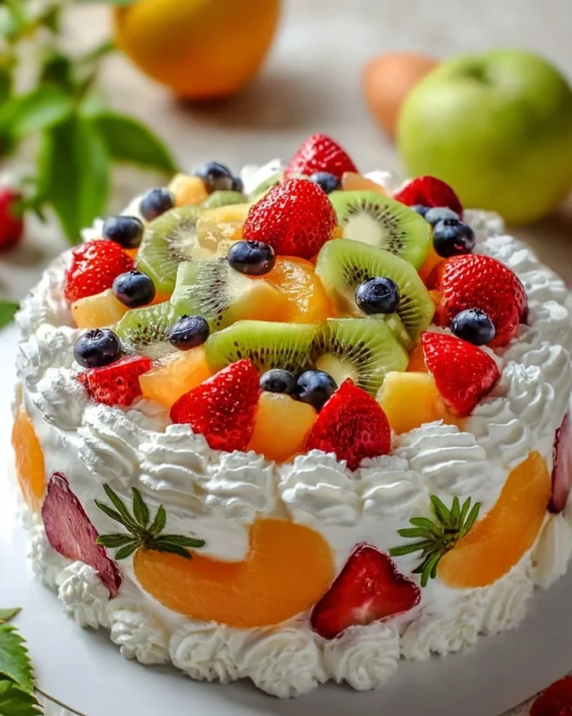 Fruits Fresh Cream Cake topped with vibrant fresh fruits and creamy frosting.