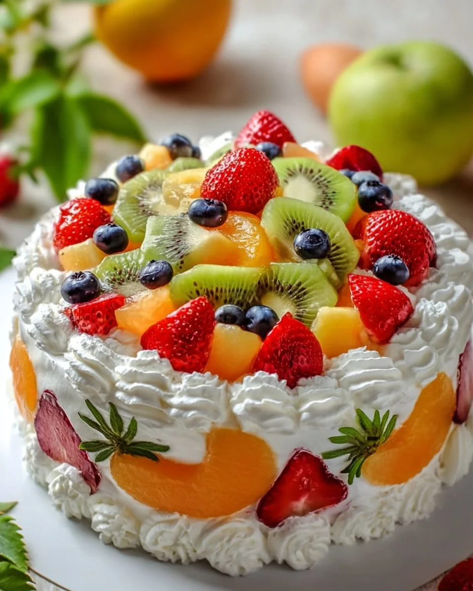 Fruits Fresh Cream Cake topped with vibrant fresh fruits and creamy frosting.