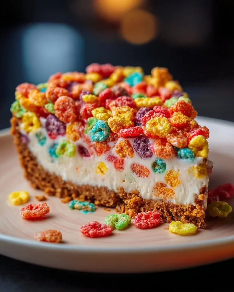Fruity Pebbles No-Bake Cheesecake topped with colorful cereal and fresh fruit