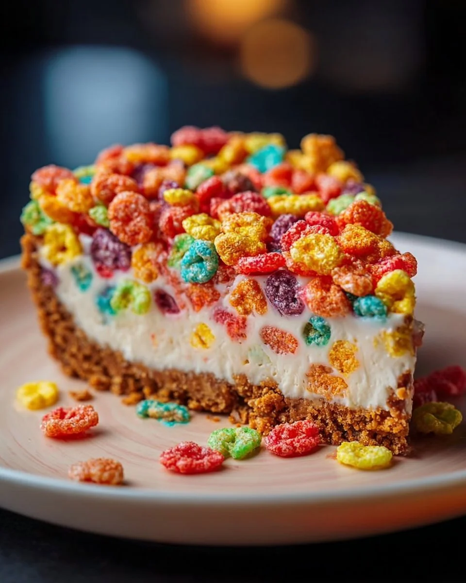 Fruity Pebbles No-Bake Cheesecake topped with colorful cereal and fresh fruit