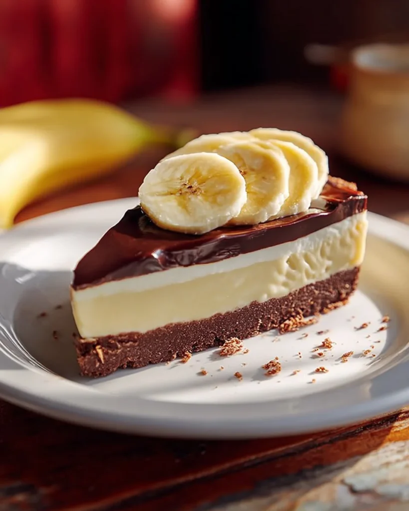 Fudge Bottom Banana Cream Pie topped with whipped cream and banana slices