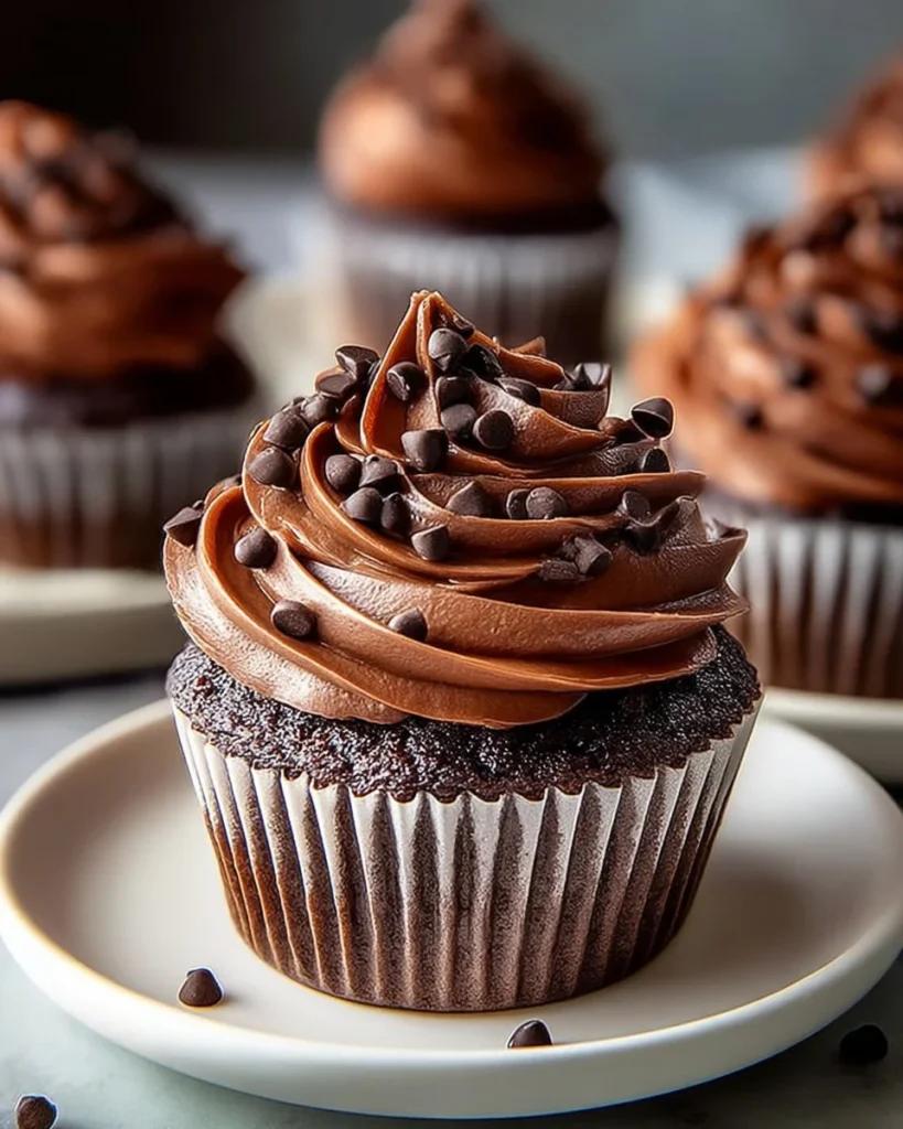 Delicious fudge chocolate cupcakes topped with chocolate frosting