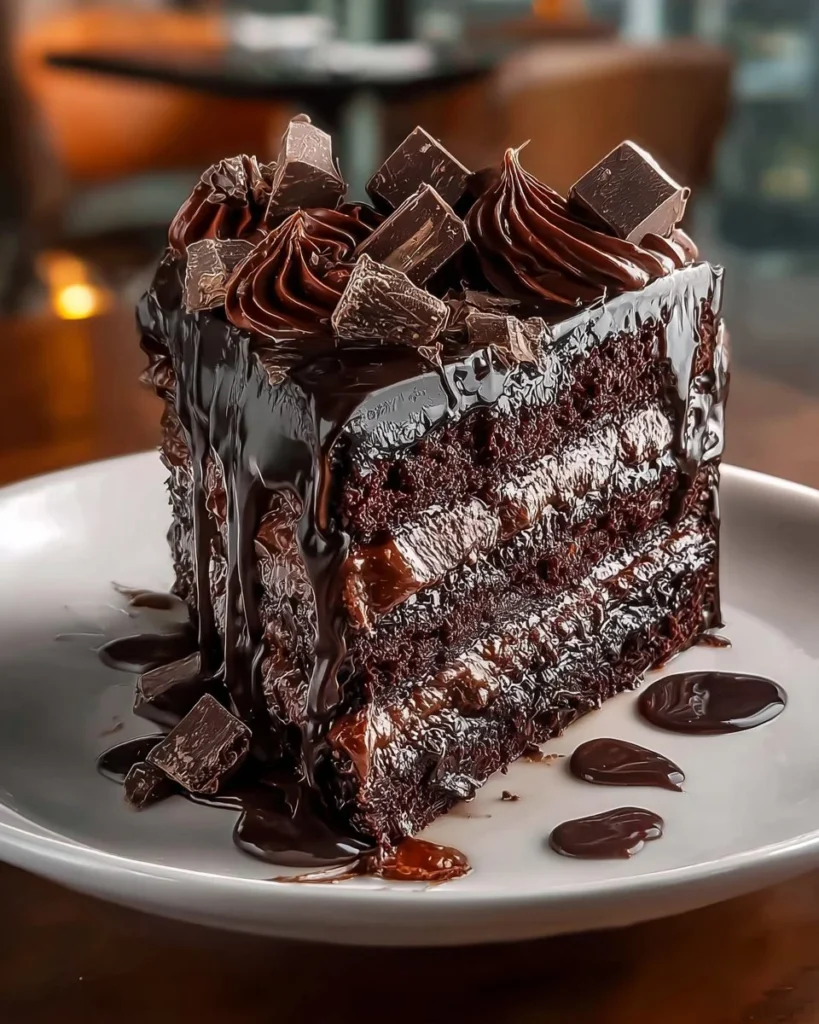 Decadent Fudge Chocolate Pudding Cake topped with chocolate glaze and whipped cream