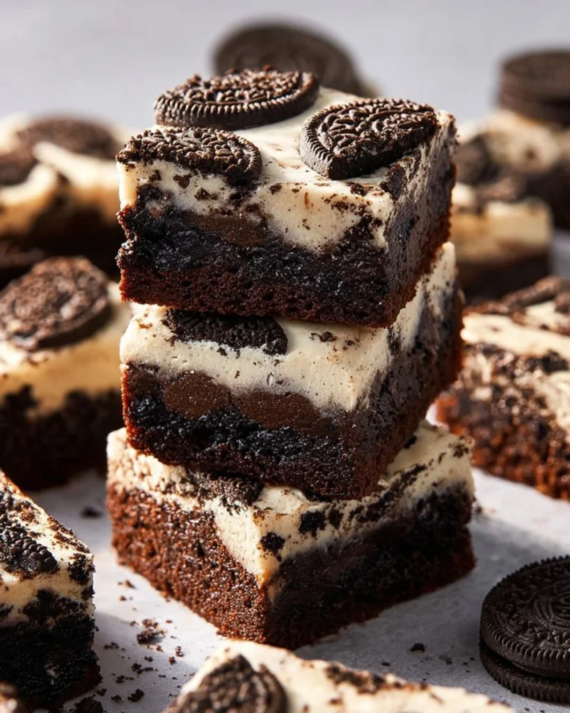 Fudgy cookies and cream brownies with chocolate and cookie bits