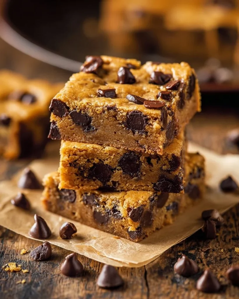 Fudgy pumpkin chocolate chip bars topped with chocolate chips and pumpkin puree
