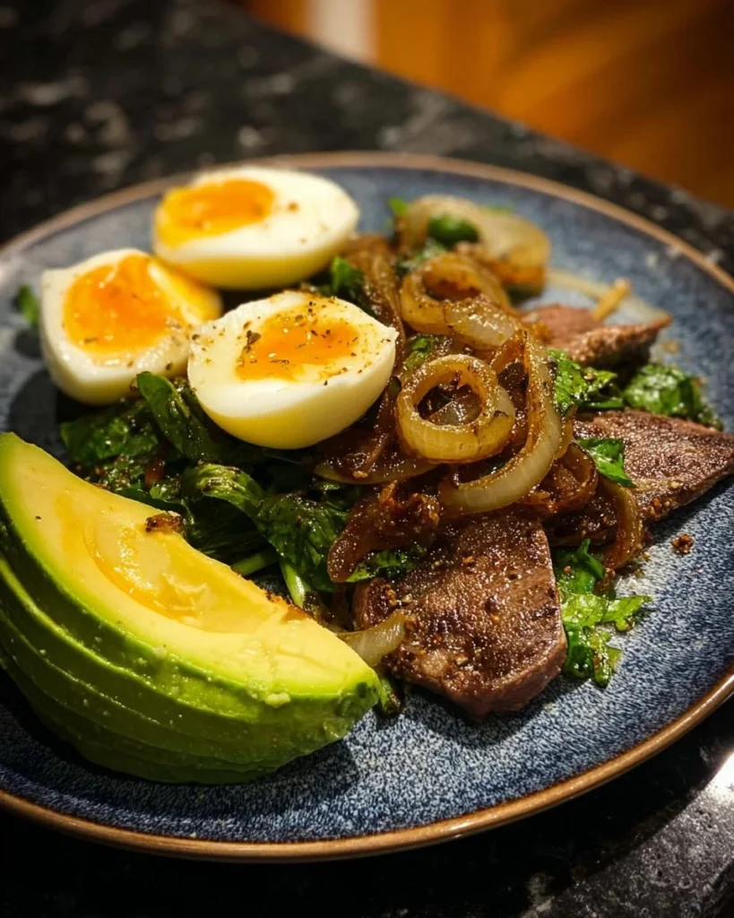 Garlic beef liver dish served with soft-boiled eggs and sliced avocado