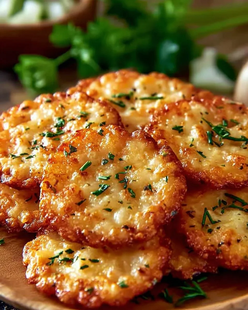Garlic Bread Ritz Crackers served on a wooden board with herbs.