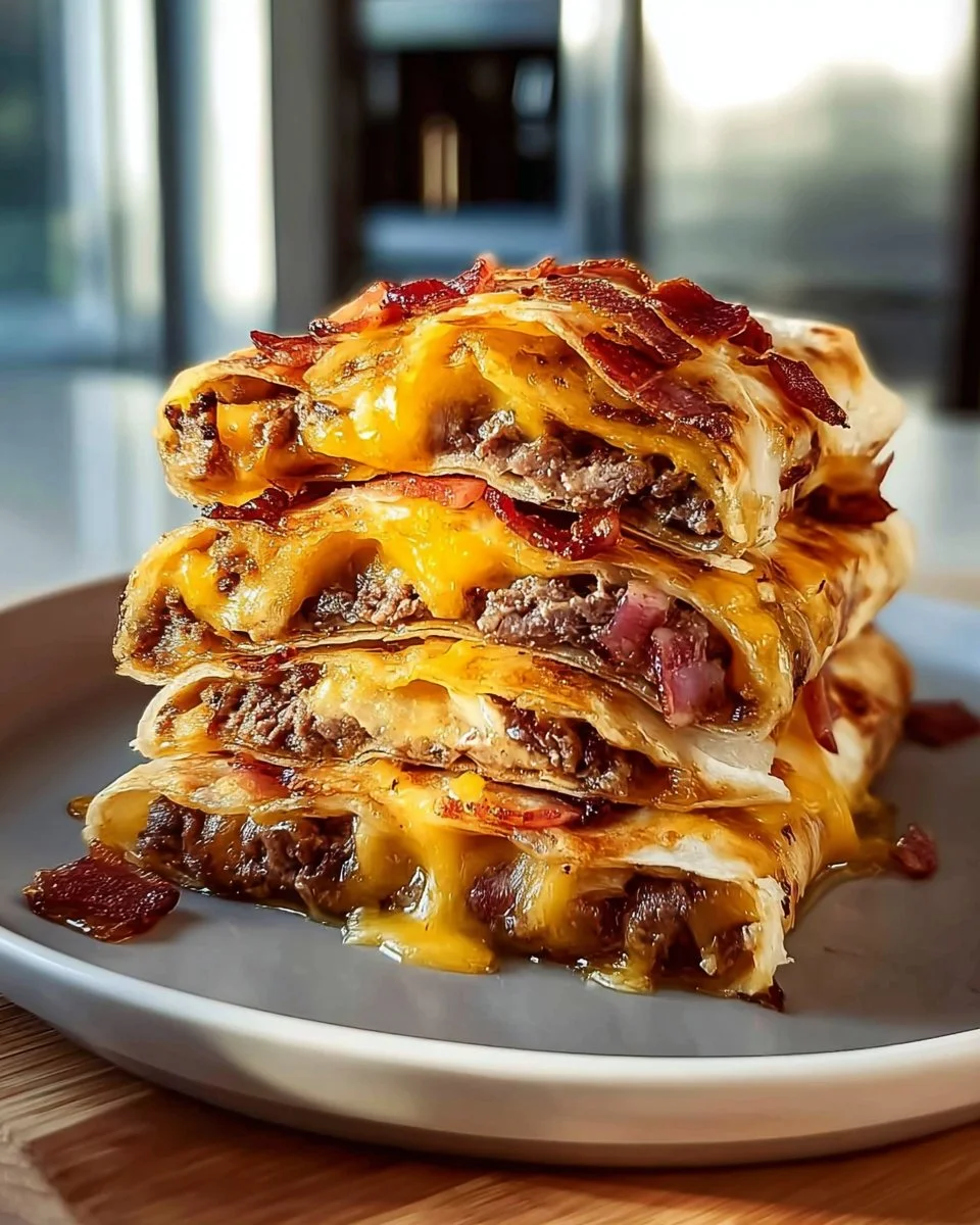 Delicious garlic butter bacon cheeseburger rollups served on a plate.