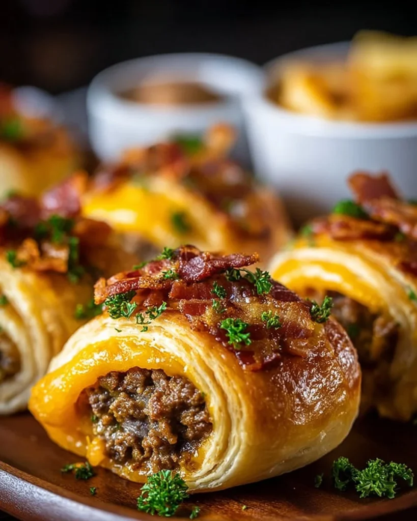 Delicious Garlic Butter Bacon Cheeseburger Rollups ready to serve.