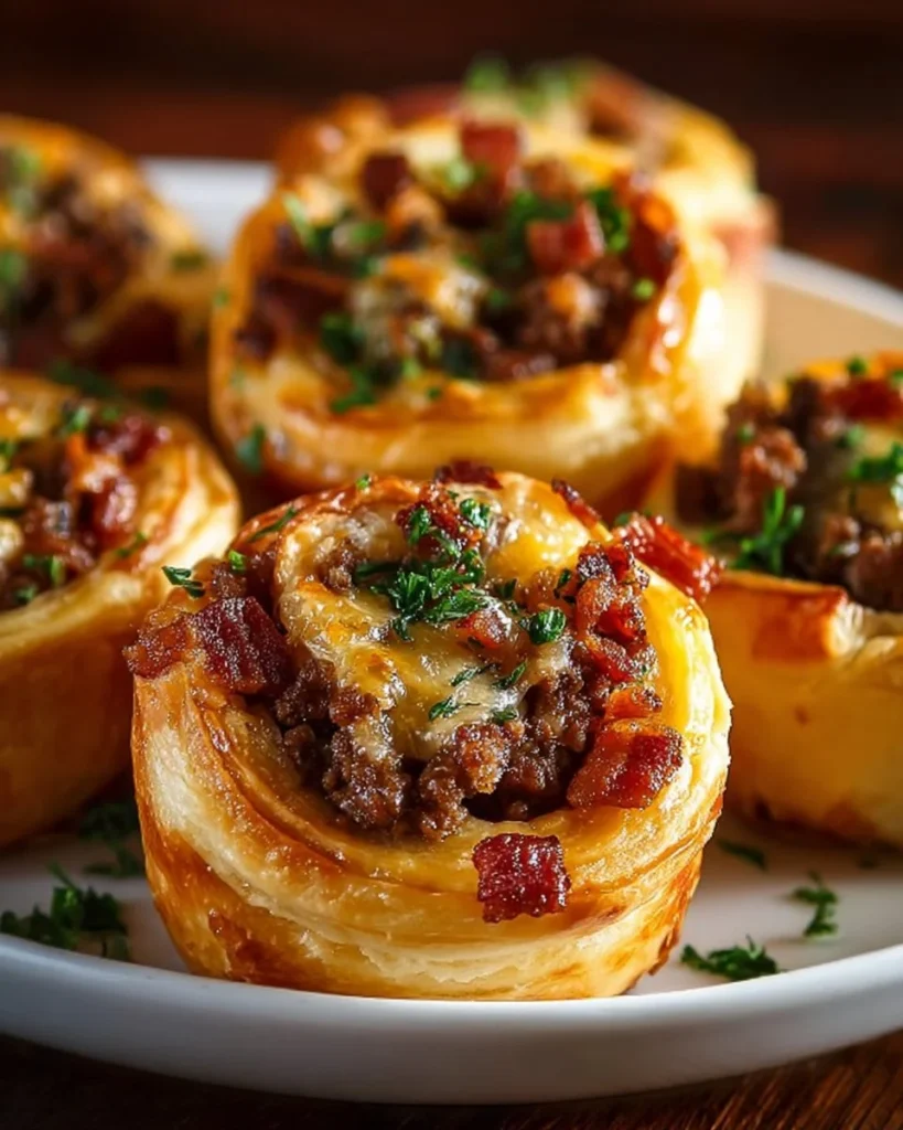 Garlic Butter Bacon Cheeseburger Rollups served on a plate garnished with herbs