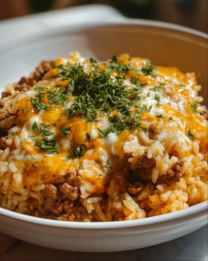 Garlic Butter Beef and Rice Skillet with Cheddar Parmesan Sauce served in a bowl.