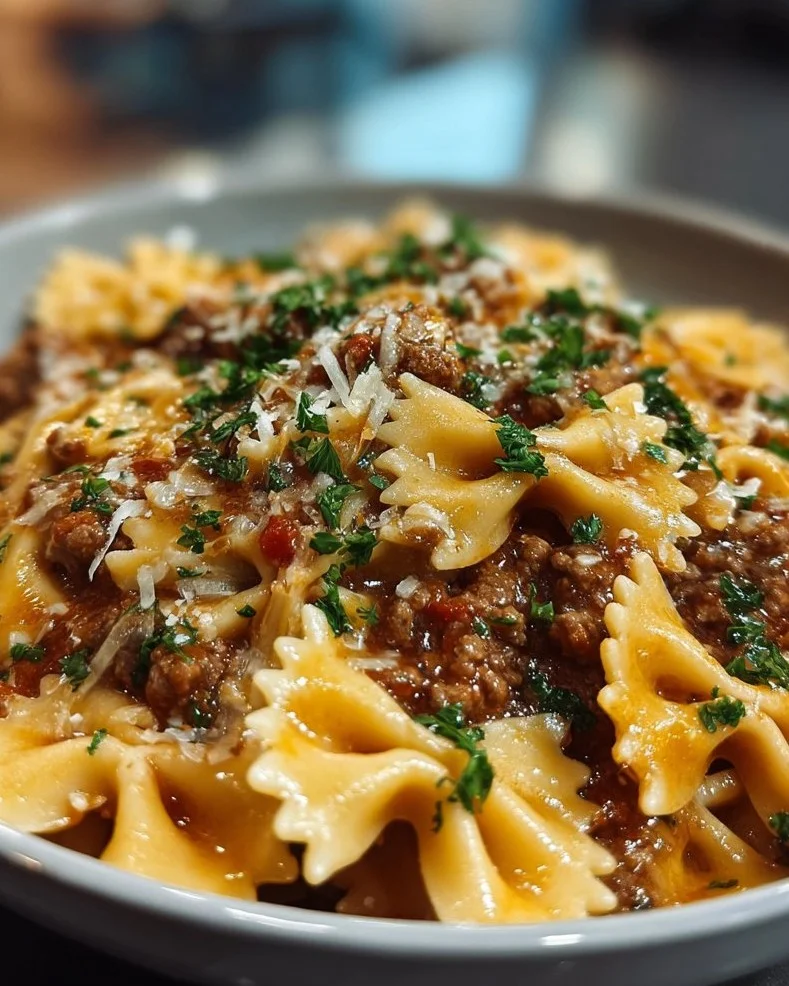 Delicious garlic butter beef served with cheesy bowtie pasta
