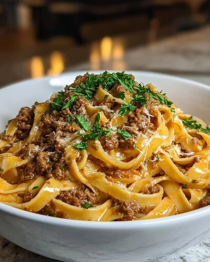 Delicious Garlic Butter Beef Linguine served in creamy parmesan sauce.
