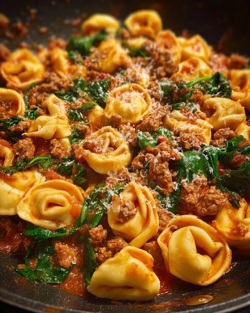 Garlic Butter Beef Tortellini Skillet with Spinach and Parmesan dish