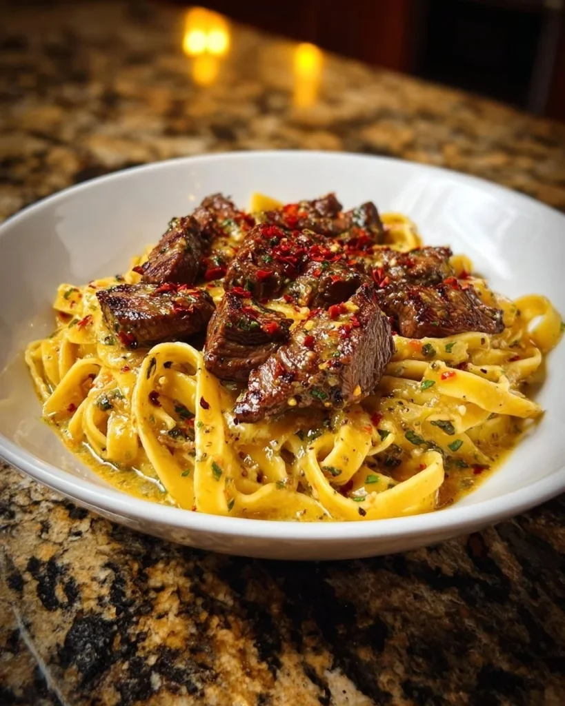Garlic butter Cajun steak linguine with creamy parmesan sauce dish