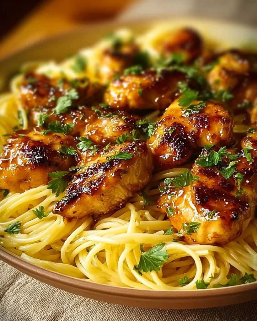 Delicious garlic butter chicken bites served with creamy pasta on a plate