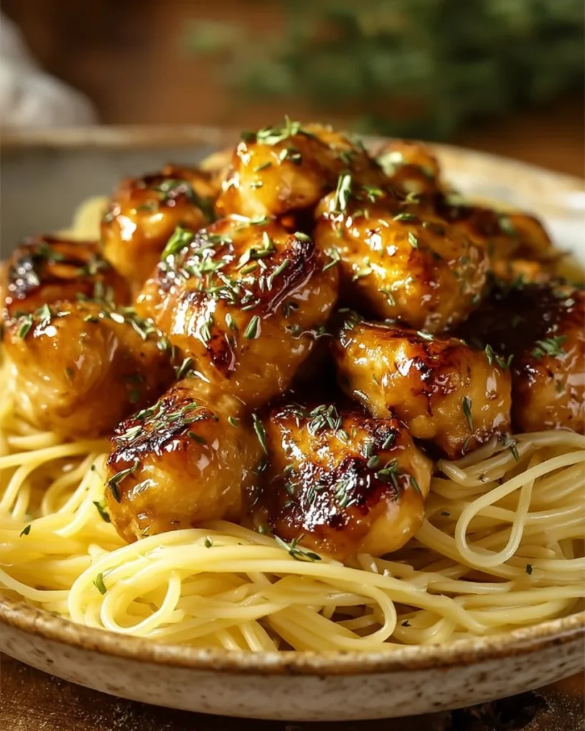 Garlic Butter Chicken Bites served with creamy pasta dish