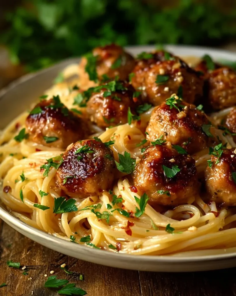 Delicious Garlic Butter Chicken Bites served with Parmesan Pasta on a plate