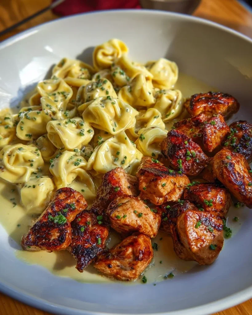 Garlic Butter Chicken Tortellini with creamy mozzarella sauce on a plate.
