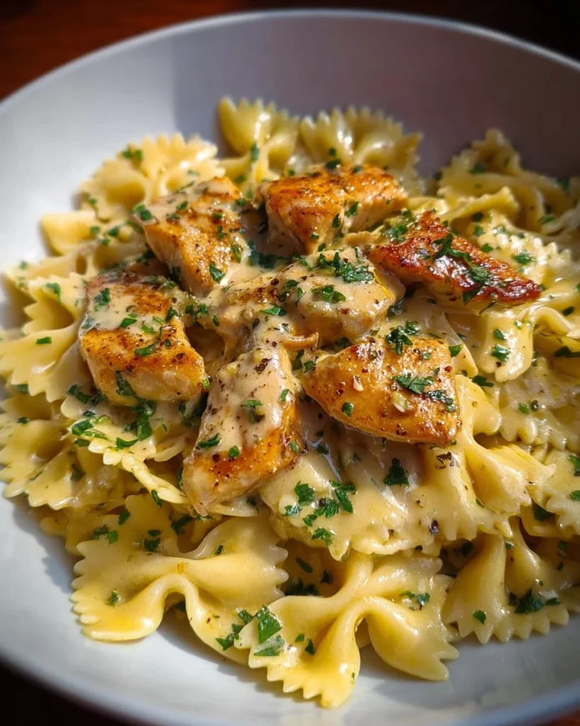 Plated garlic butter chicken with creamy parmesan bowtie pasta dish