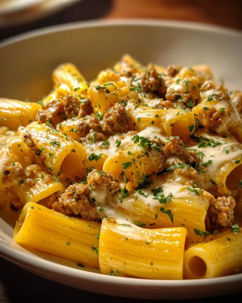 Garlic Butter Ground Beef Rigatoni topped with creamy cheese sauce