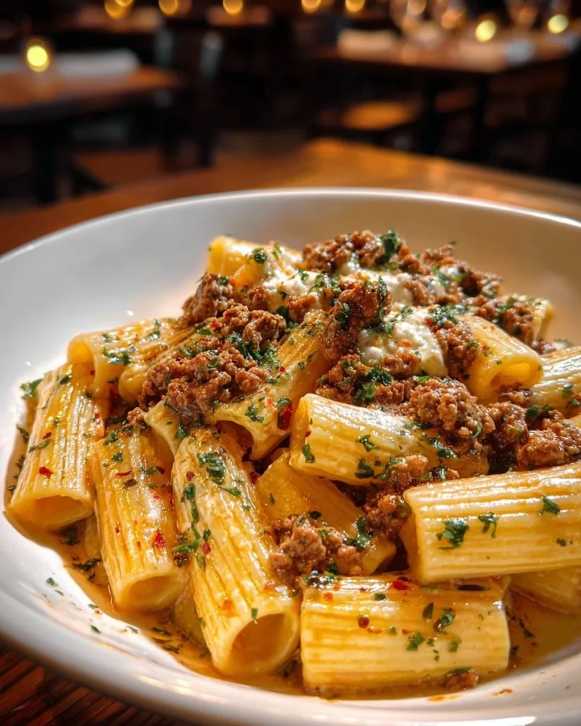 Delicious garlic butter ground beef rigatoni in creamy Parmesan sauce