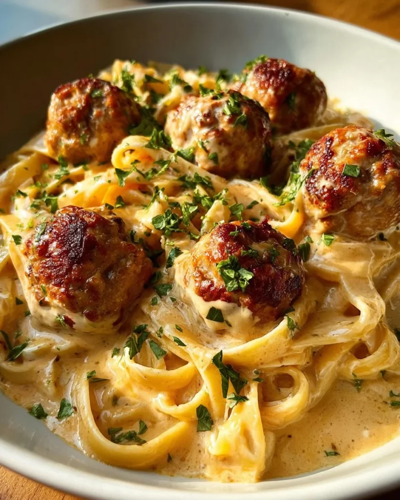 Garlic butter meatballs with creamy parmesan linguine served in a bowl