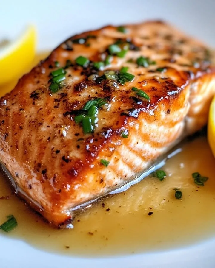 Delicious Garlic Butter Salmon served with herbs and lemon slices