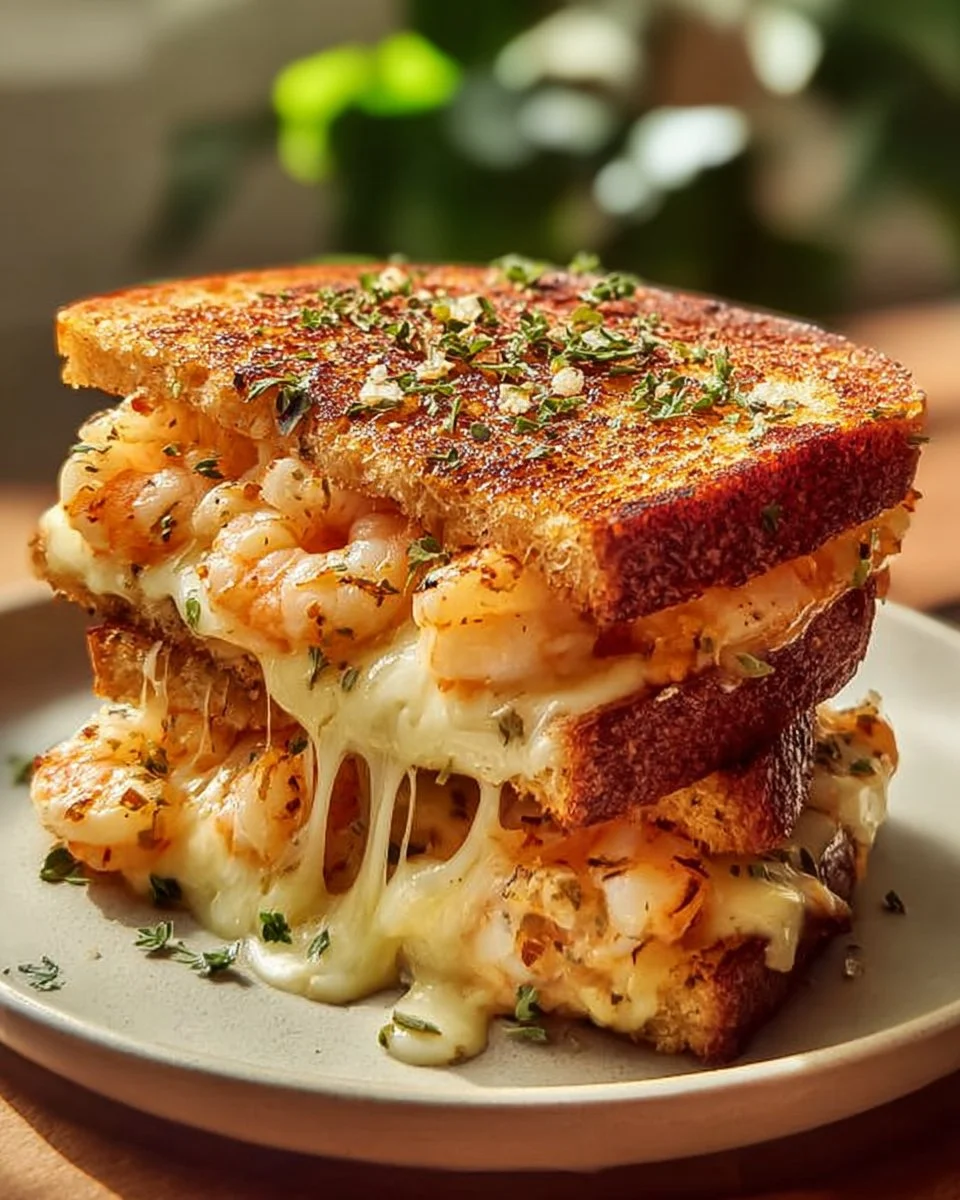 Garlic Butter Shrimp Grilled Cheese Sandwich on a plate garnished with herbs