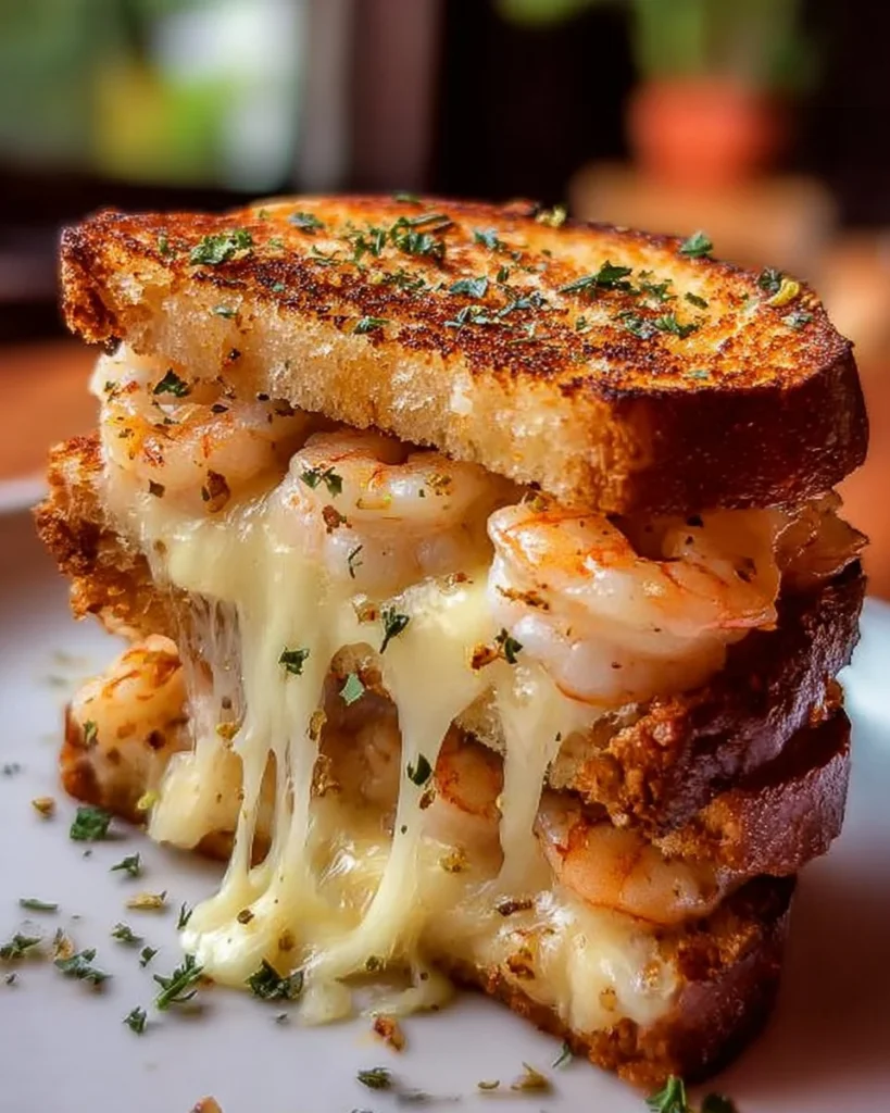 Garlic Butter Shrimp Grilled Cheese Sandwich with melted cheese and shrimp