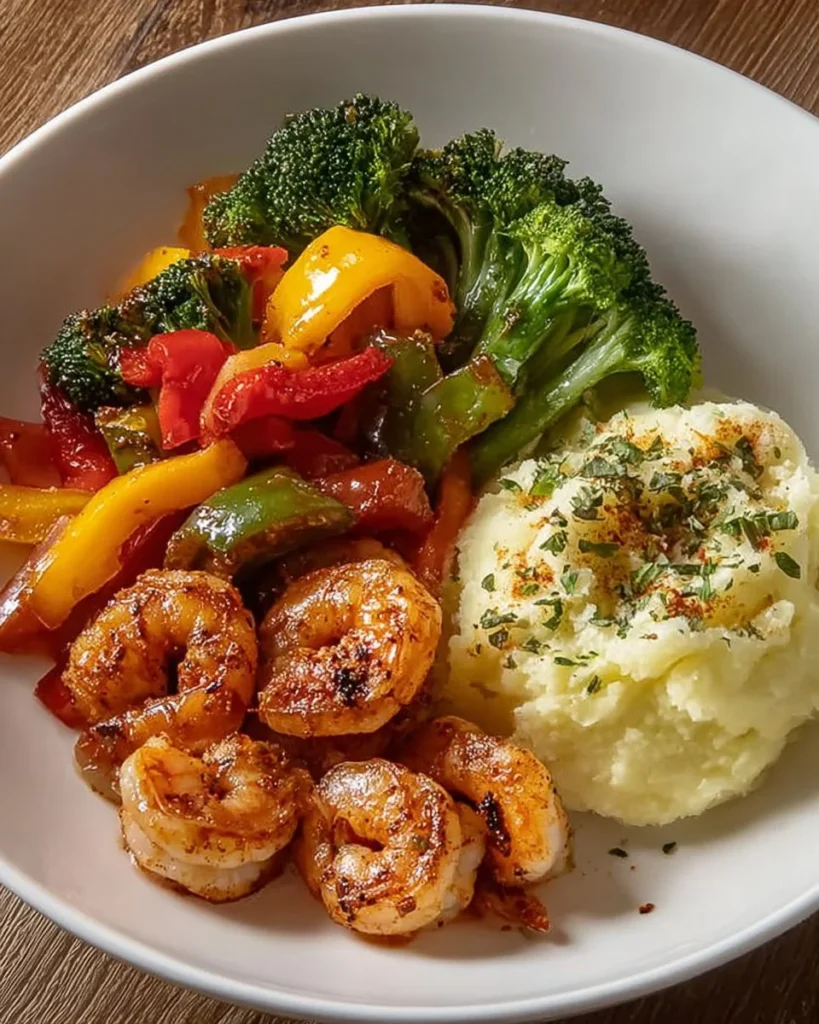 Delicious garlic butter shrimp served with sautéed veggies and creamy mashed potatoes.