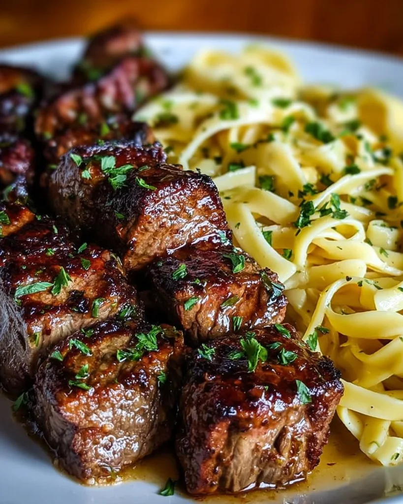 Delicious garlic butter steak bites served with creamy alfredo pasta.