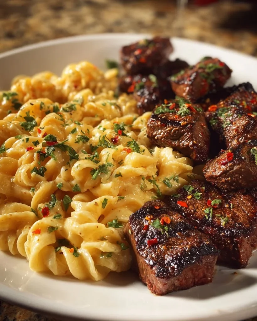 Delicious Garlic Butter Steak Bites with Cajun Spicy Alfredo Rotini