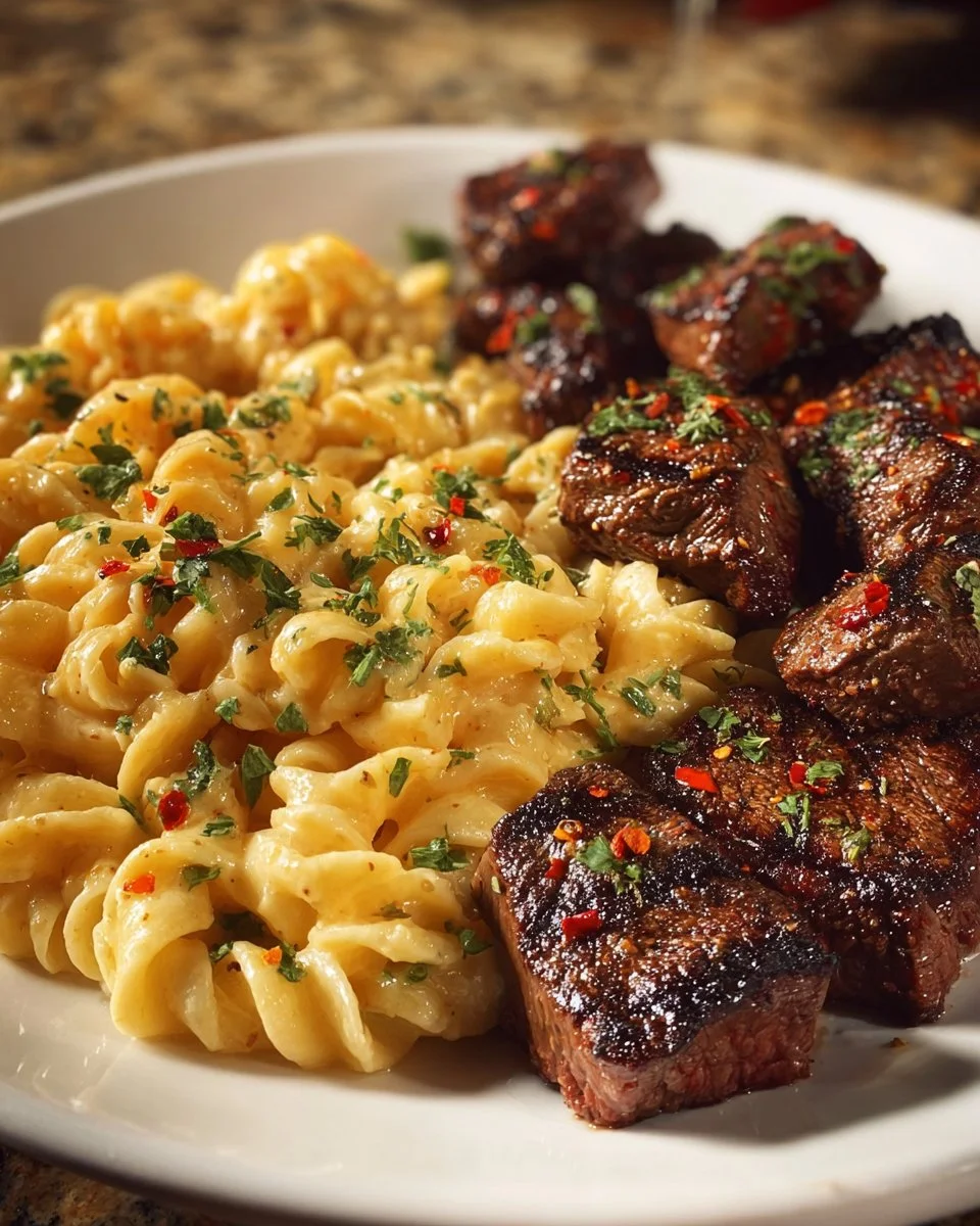 Delicious Garlic Butter Steak Bites with Cajun Spicy Alfredo Rotini