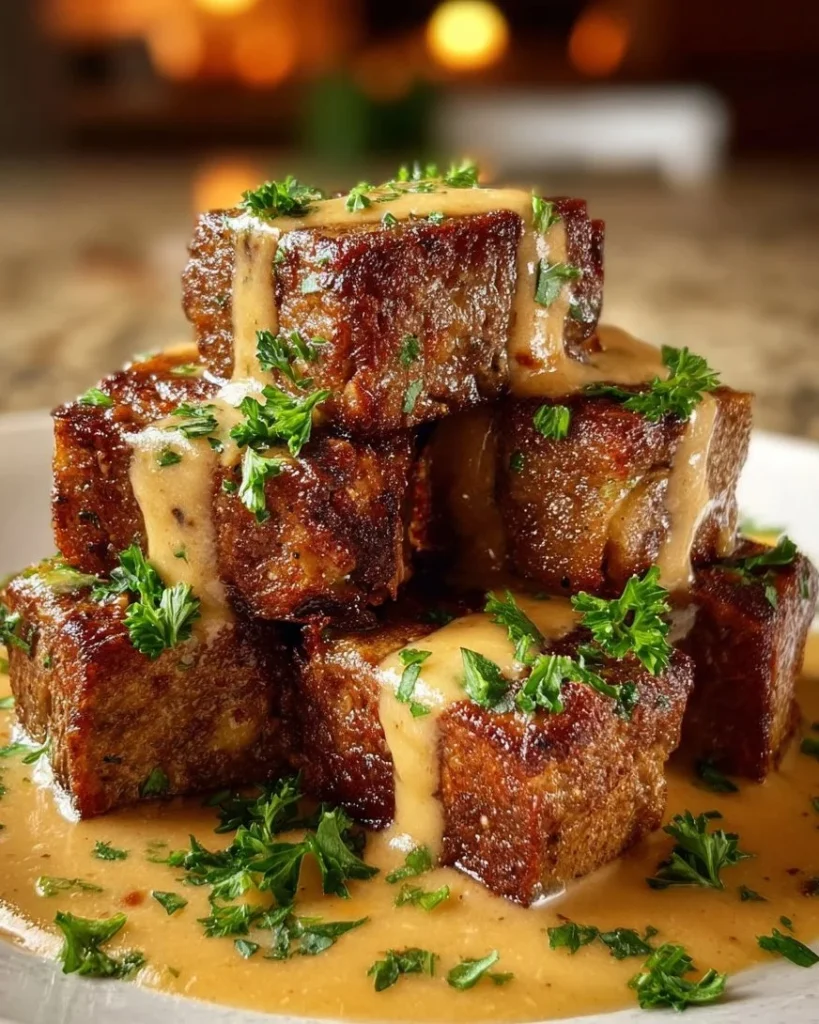 Delicious garlic butter steak bites topped with creamy parmesan sauce