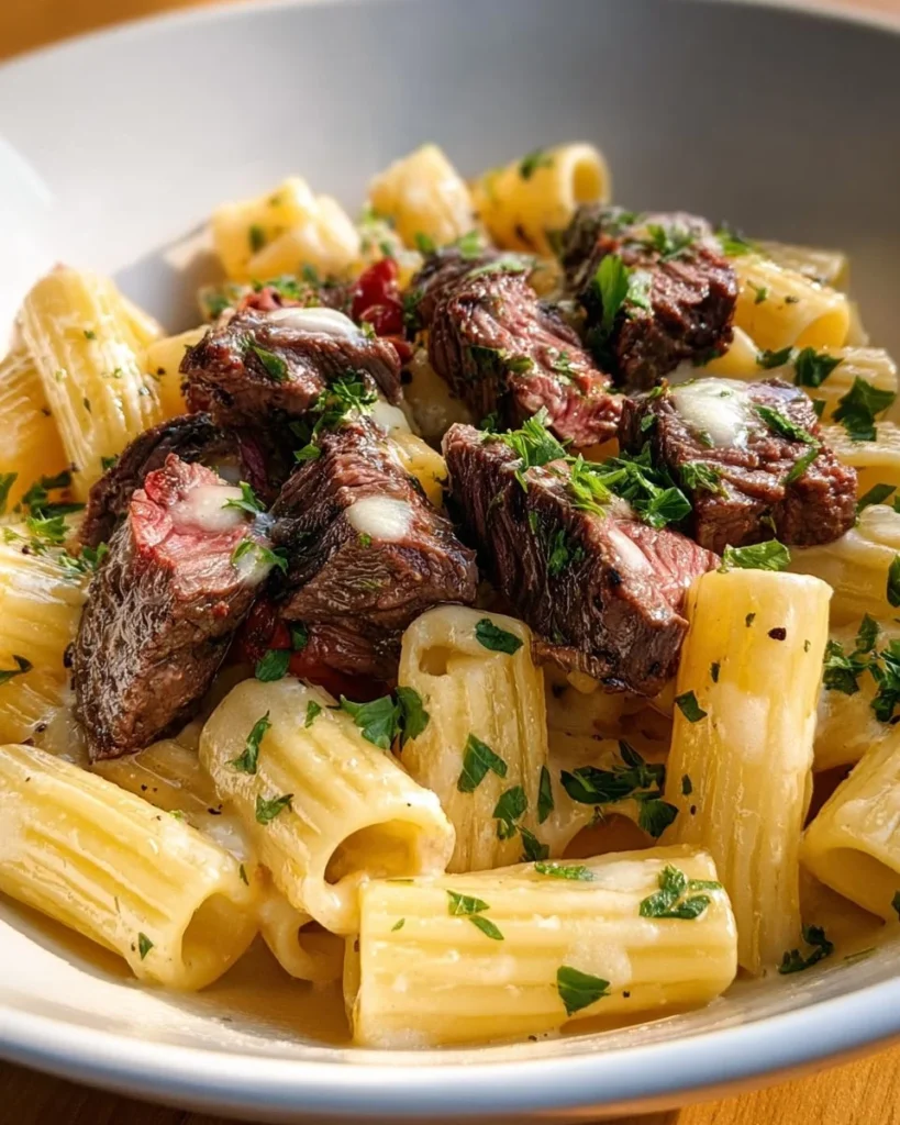 Garlic Butter Steak Tips served with Cheesy Rigatoni on a plate.