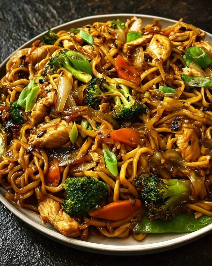 Delicious Garlic Chicken Lo Mein with tender chicken and colorful vegetables