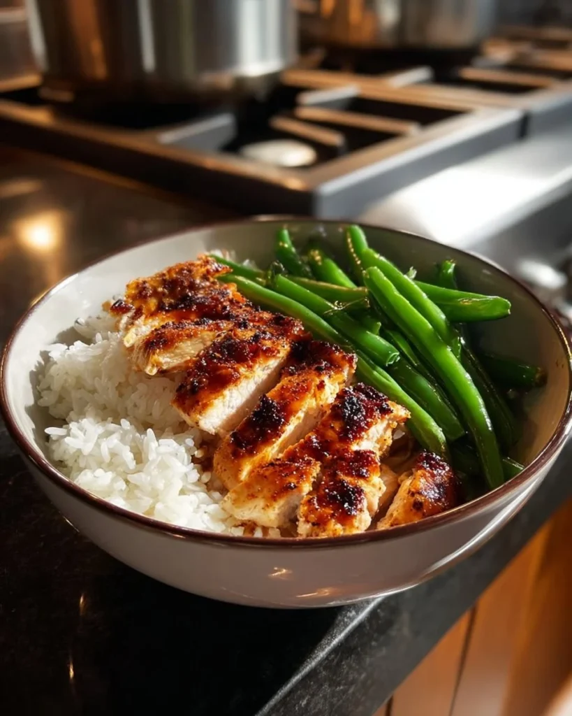 Garlic Chicken Rice Bowl with Green Beans served in a bowl