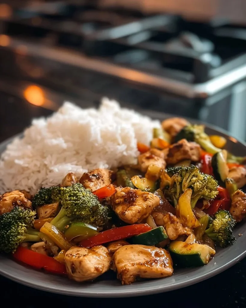 Garlic Chicken Stir Fry with colorful vegetables and fluffy rice served on a plate