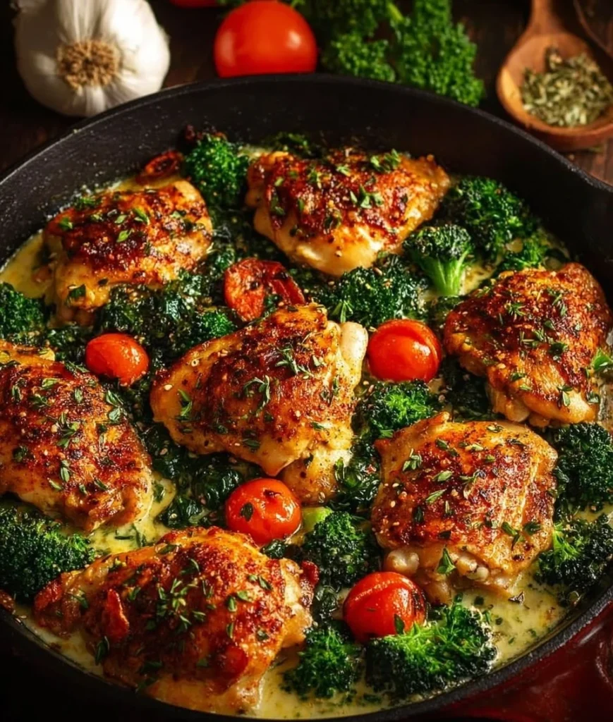 Garlic chicken served with broccoli and spinach on a plate