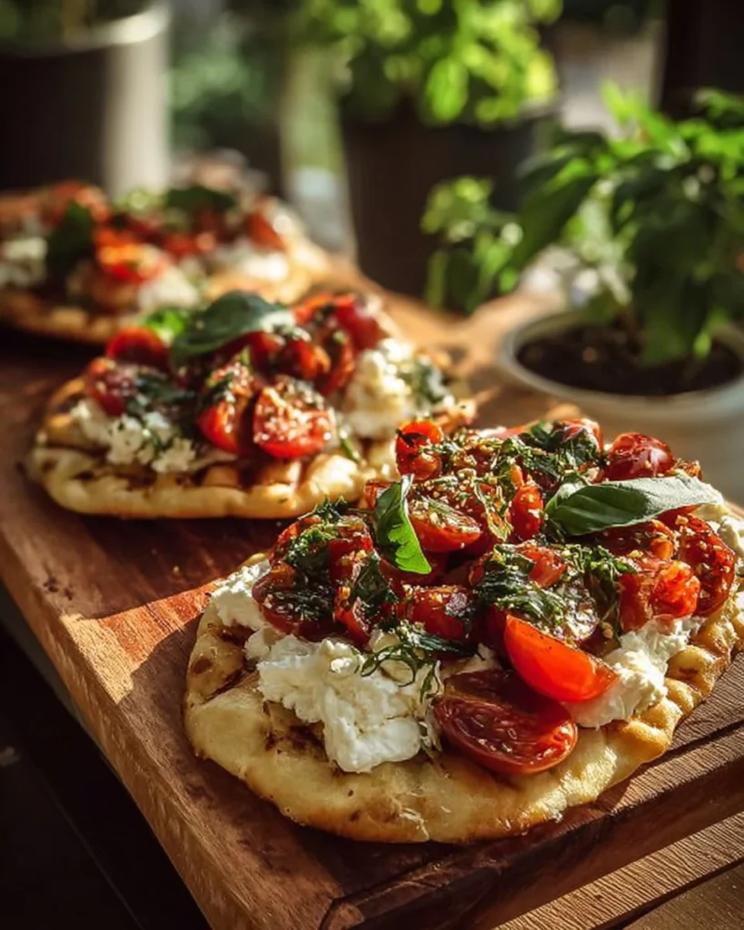Garlic Feta Cherry Tomato Pita Flatbread garnished with fresh ingredients